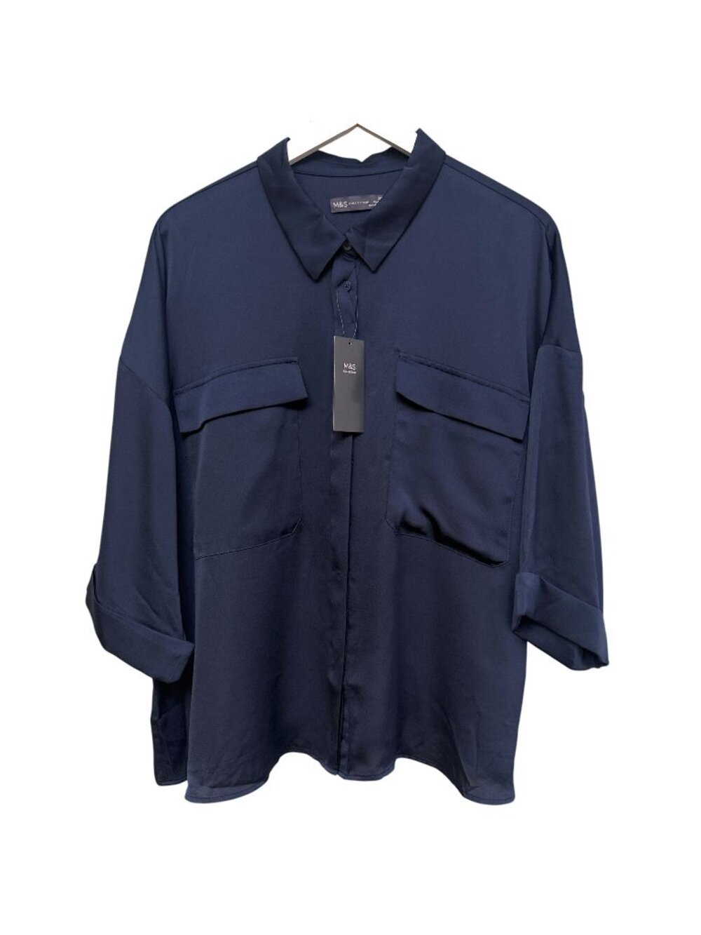 M&S Collection Womens Navy Blue Button Front Blouse Size 16 Work Shirt NWT